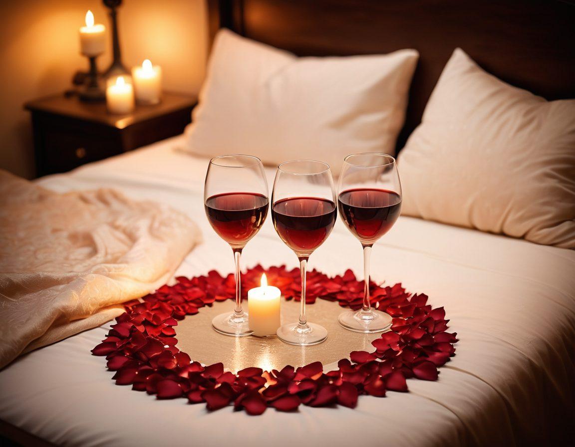 A cozy, intimate setting featuring a softly lit bedroom with rose petals on the bed, candles flickering, and two glasses of wine on a nightstand. A couple, engaged in a loving and passionate embrace, surrounded by warm tones to evoke romance and connection. Subtle hints of a playful atmosphere, like playful toys or art, should also be incorporated. super-realistic. warm colors. soft focus.