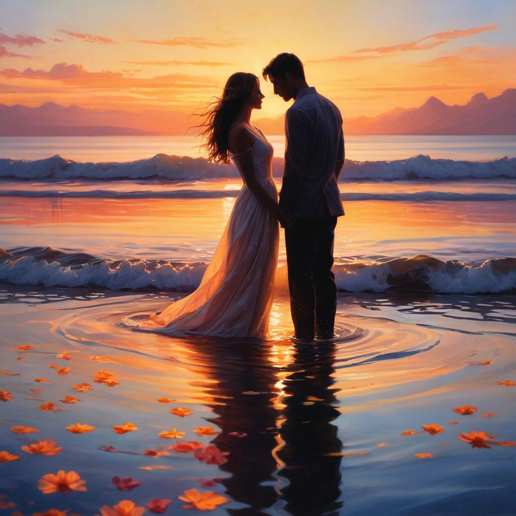 A captivating scene of two silhouettes intertwined against a sunset backdrop, radiating warmth and allure. Soft, glowing light reflects off shimmering water, hinting at intimate moments shared. Surround the figures with delicate petals and gentle waves, symbolizing romance and connection. Ethereal atmosphere with soft focus for a dreamlike quality. painting. vibrant colors.
