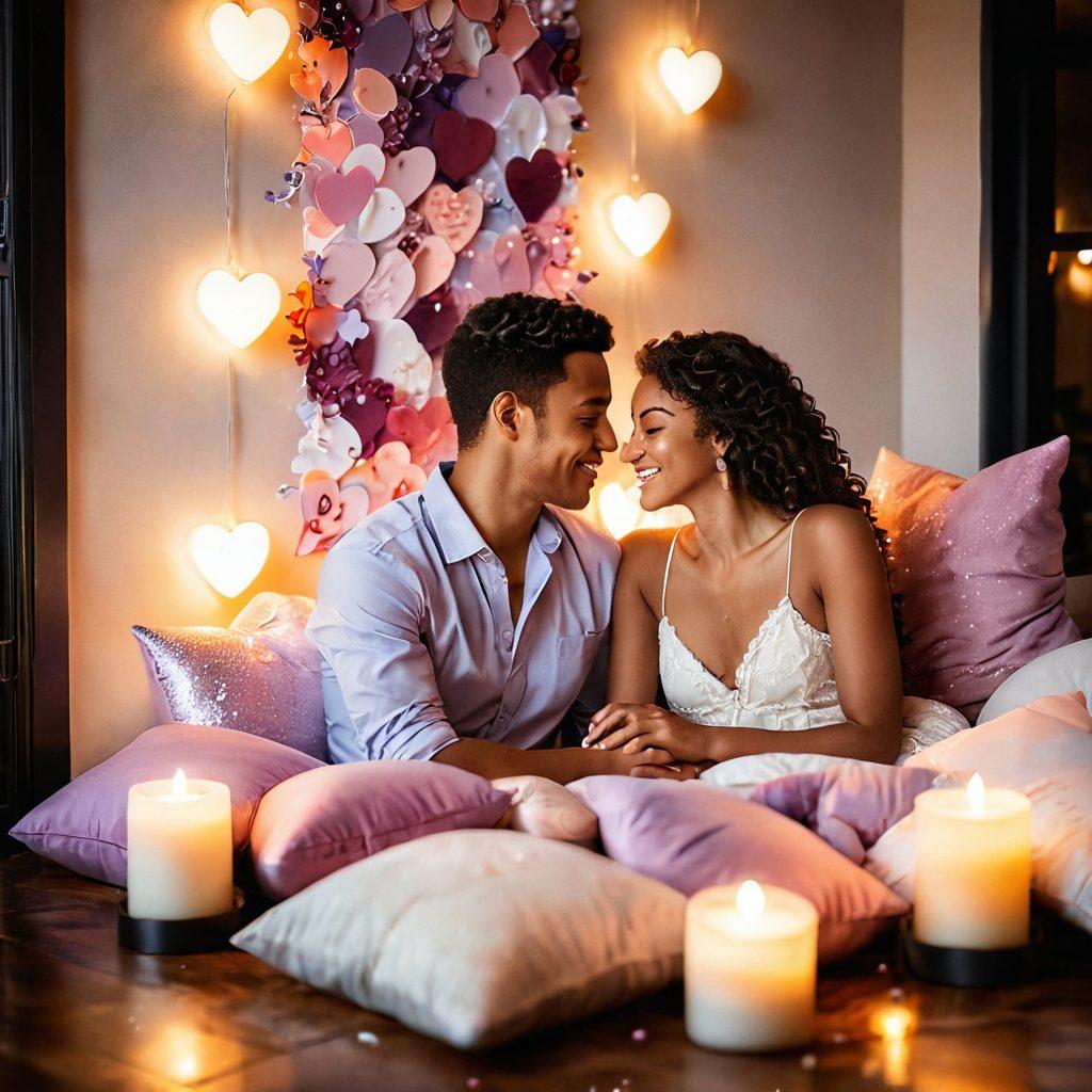 A romantic scene depicting a couple sharing an intimate moment, surrounded by soft, warm lighting and dreamy elements like floating hearts and sparkles. The couple is engaged in a playful flirtation, with expressions of joy and passion on their faces. Include a cozy atmosphere with plush pillows and candles in the background to evoke a sense of intimacy. The color palette should be a blend of soft pinks and purples, creating a dreamy vibe. super-realistic. warm colors. soft focus.